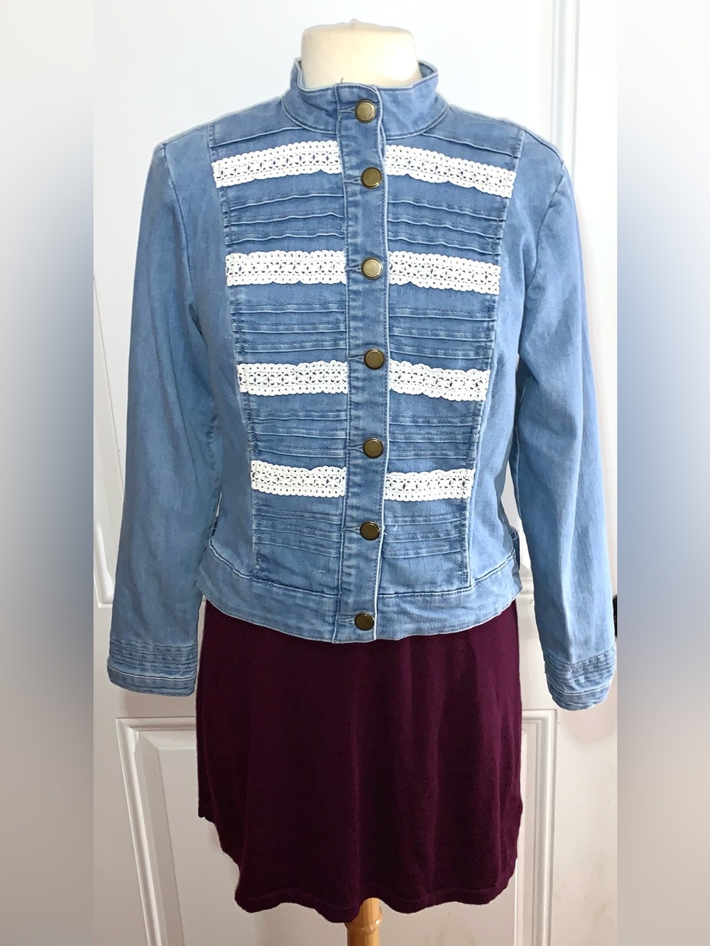 Military denim band jacket with crochet stripes women’s small